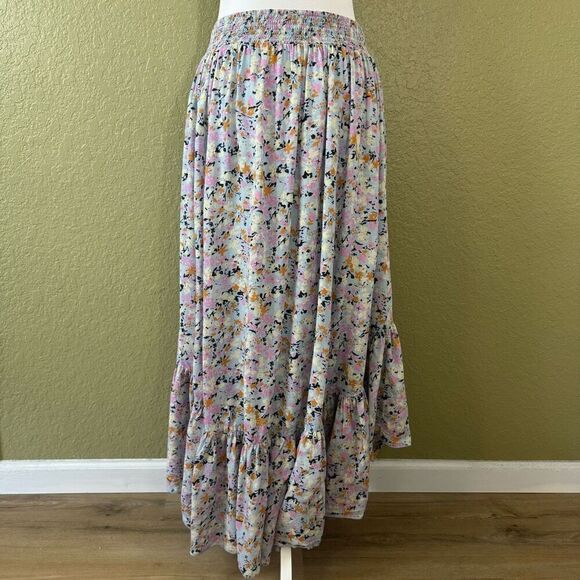 Free People Women's L Smocked Waist Ruffle Tier Maxi Skirt Multi Floral Prairie - Picture 4 of 9